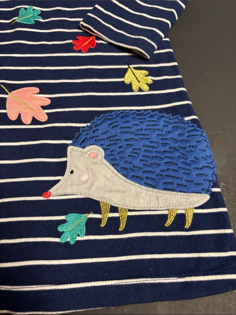 Joules Navy & White Striped Hedgehog Appliqué Dress